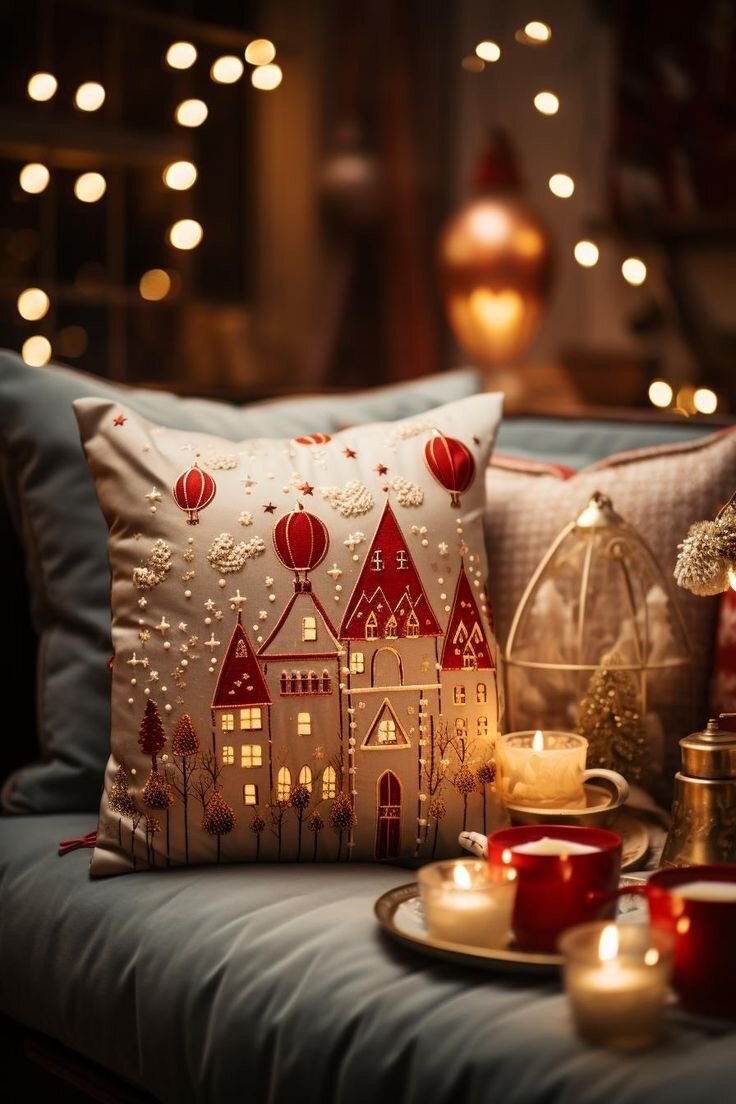 Уютный декор в виде свечей и подушек