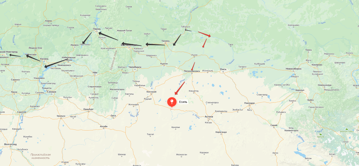 Уход Кучума на юг (красным), маршрут казаков в Москву (черным), зимой 1581-1582 года