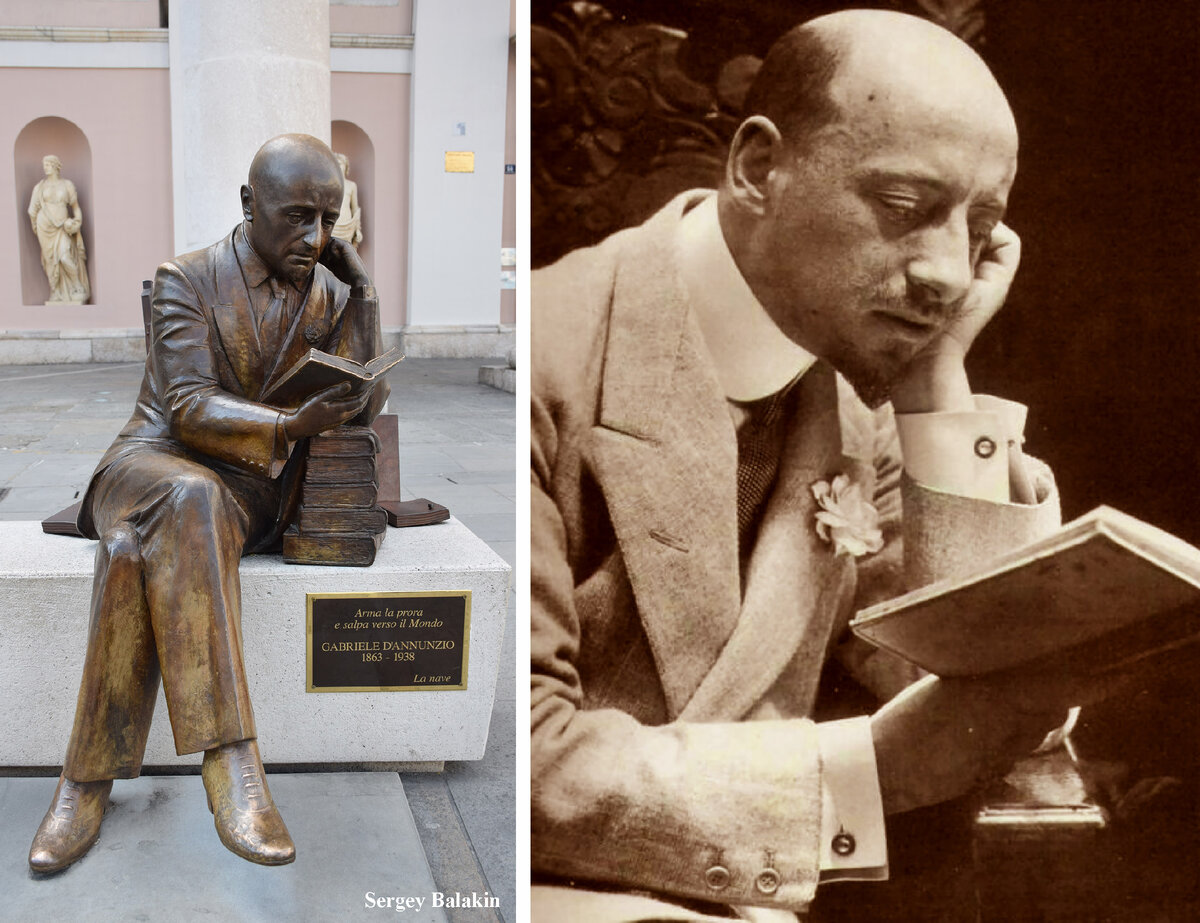 Памятник Габриэле д’Аннунцио в Триесте и фотография, по мотивам которой этот памятник создан