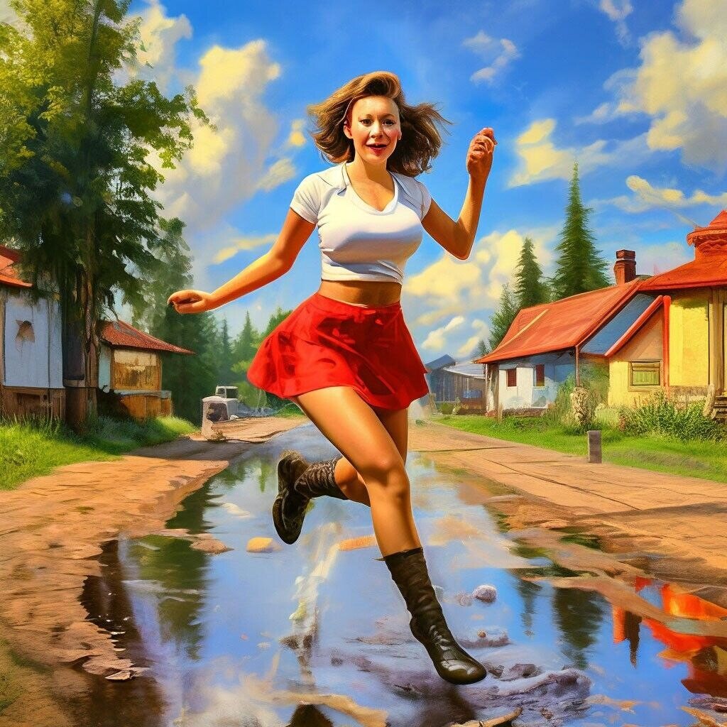 Пинап СССР. Девушка передвигается по сельской местности после дождя, нейросеть. 