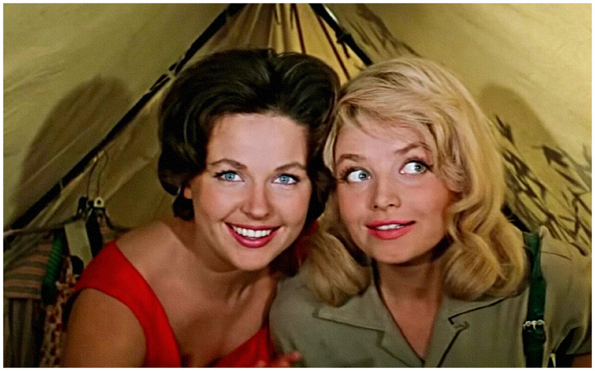 Кадр из фильма «3+ 2» о летних каникулах. Согласно сюжету, одна из дам (слева) - дрессировщица диких животных, а ее подруга (справа) - актриса. Генрих Оганесян / Киностудия имени Горького, 1963
