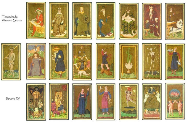 Козыри (страшие арканы, в том числе добавленные современными художниками) колоды Таро Висконти Сфорца. XV век.