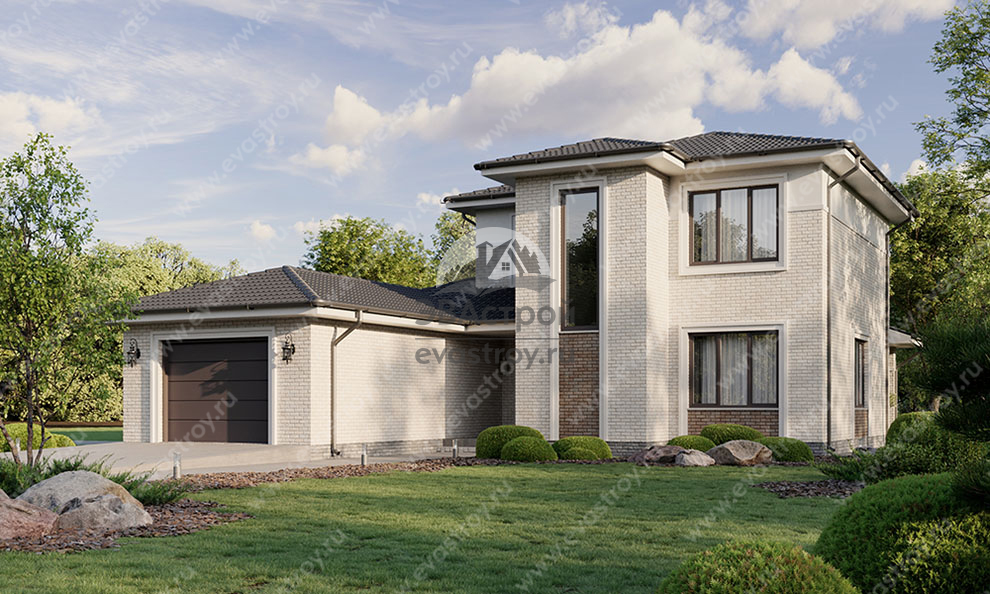 Проект двухэтажного дома 199 м2 из газобетона с двухместным гаражом - LK-86