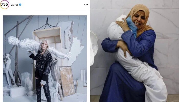 Кампания Zara "The Jacket" имитировала трупы палестинцев, убитых Израилем, по мнению многих пропалестинских активистов. — X/@maktoobmedia