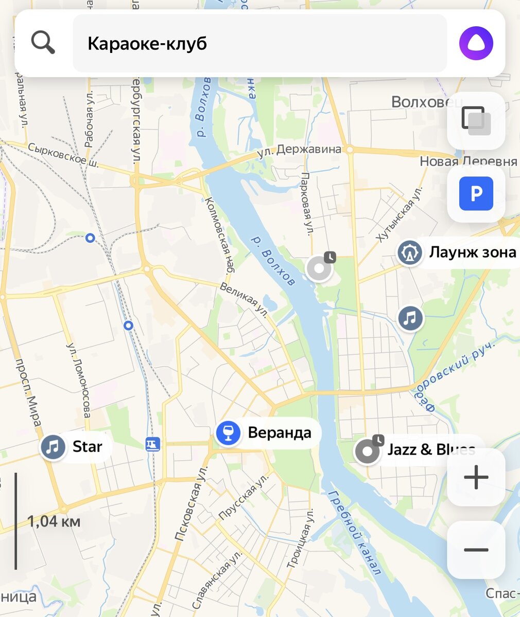 Вот так выглядит поиск караоке клубов в Новгороде 