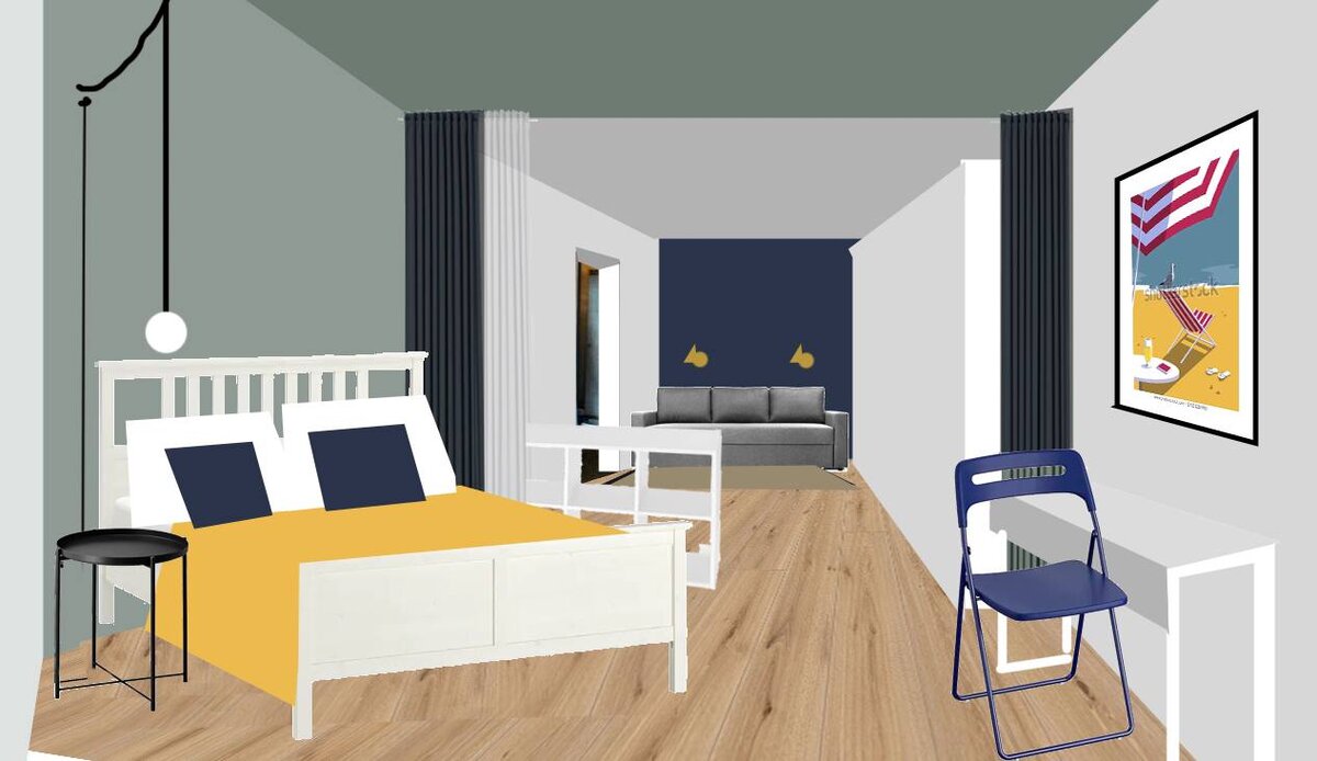 Эскиз спальной зоны в сторону гостиной