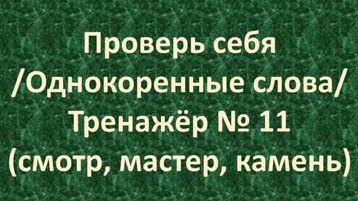 Проверь себя /Однокоренные слова/ Тренажёр № 11 (смотр, мастер, камень) /1 – 2 класс/ 5+.