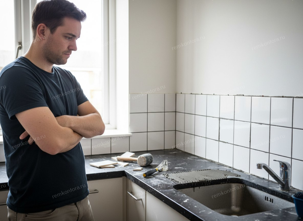 Кривая плитка на фартуке — классика ошибок своими руками. Неровные швы и перепады: переделка обойдётся дороже, чем планировали.