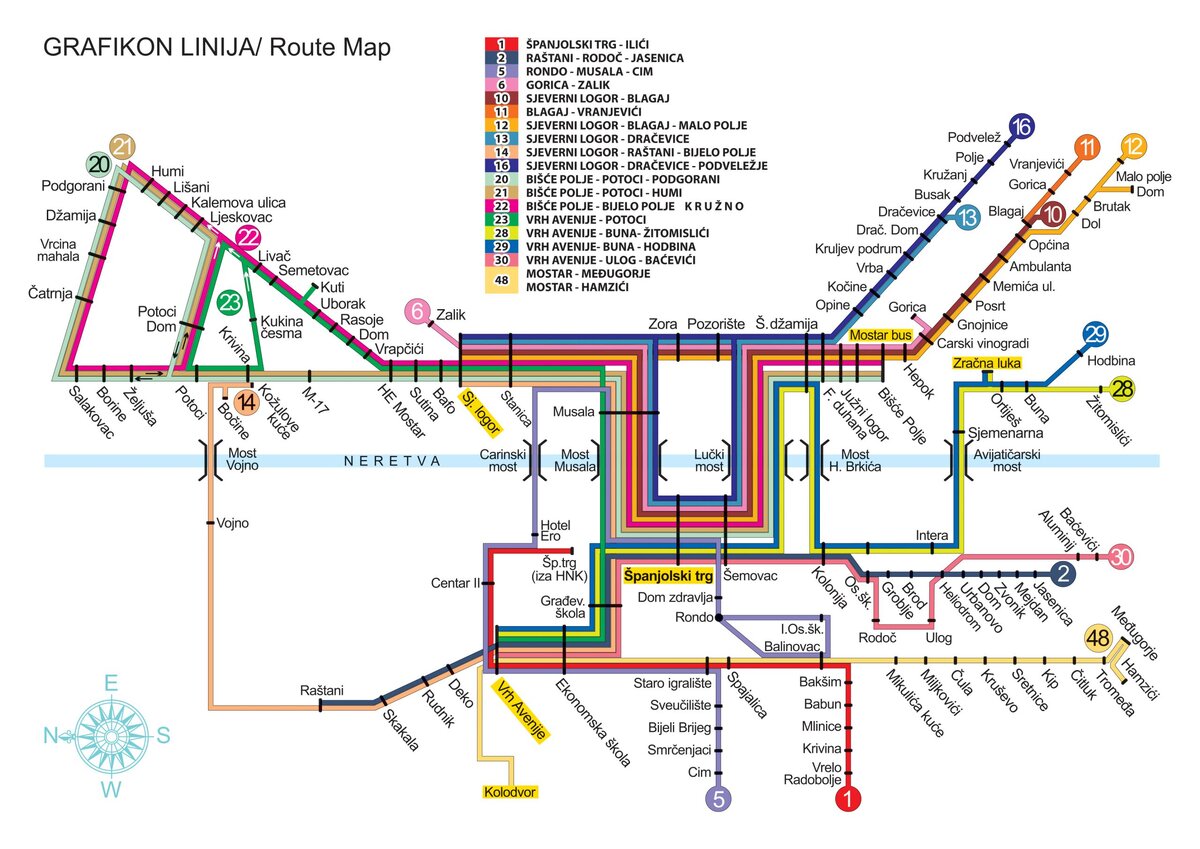 Схема маршрутов с сайта перевозчика, источник: https://mobus.mostarbus.ba/wp-content/uploads/2023/11/Grafikon-linija-A4_2022_3-scaled.jpg