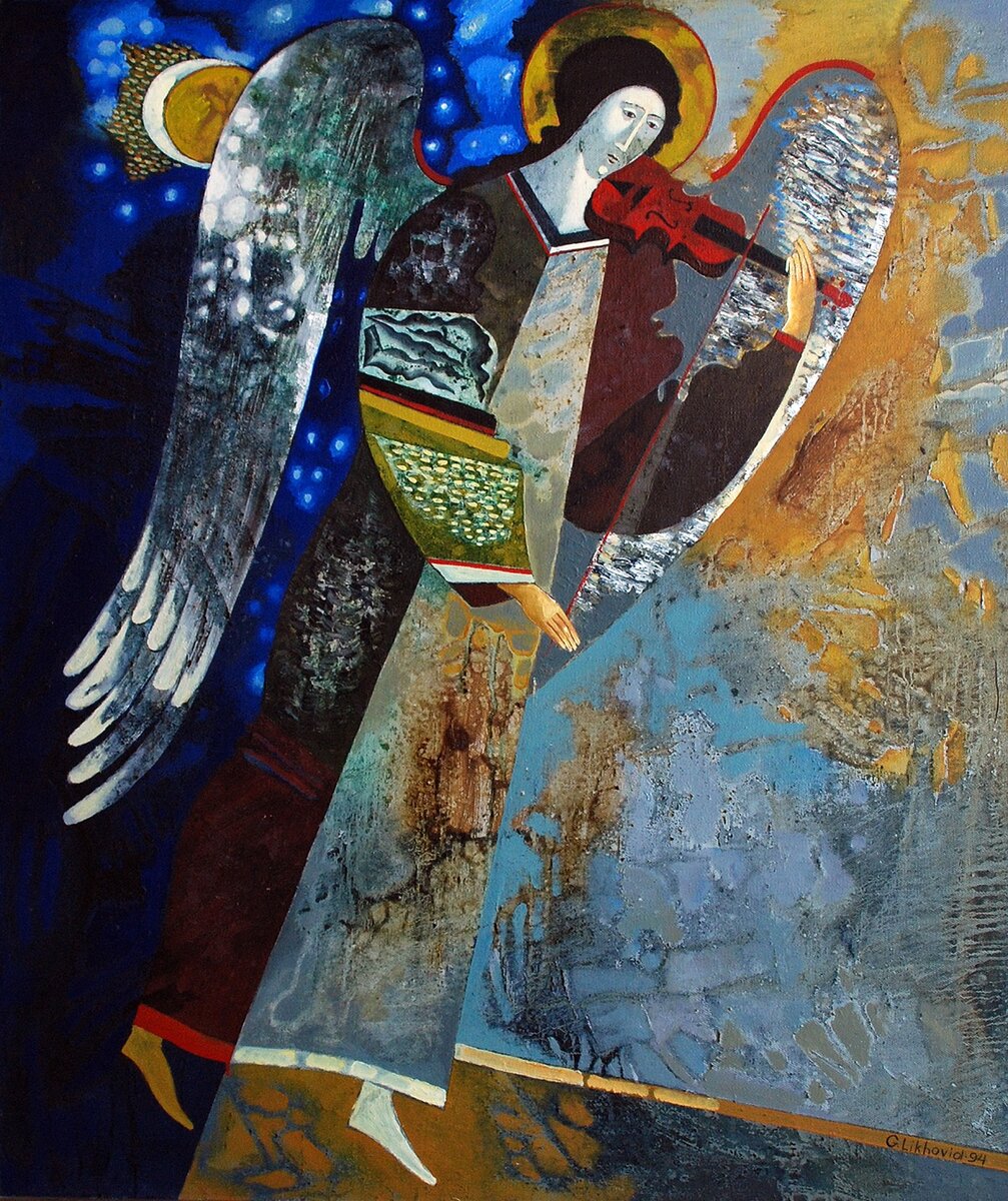 Лиховид Георгий Иванович Ангел со скрипкой. 1994 холст, масло, бумага коллаж. РОМИИ