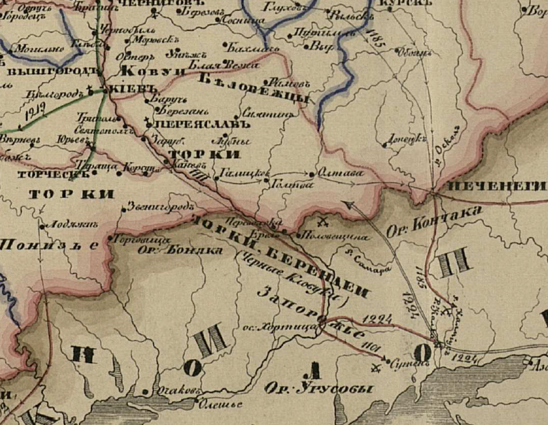 Половецкое поле. Источник Атлас по истории России Н. Павлищева.