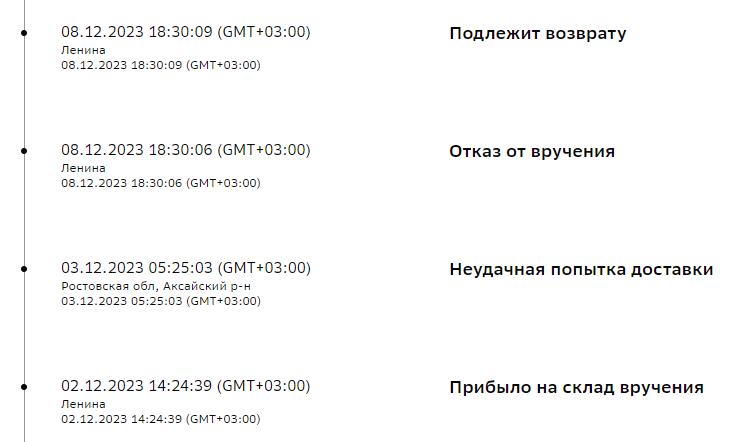 Данные со сберлогистики по одному из последних заказов.