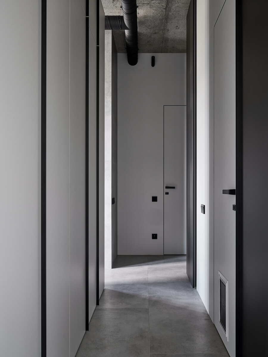 Скрытые двери в санузел и в ванную (с дверцей для кота)