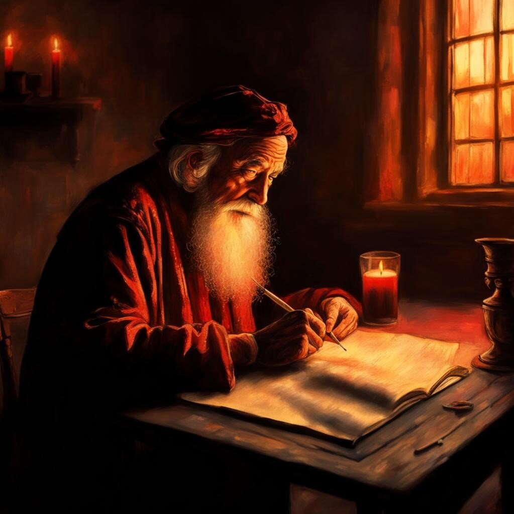 Старик за столом. Холст. Масло. Картинка создана нейросетью.