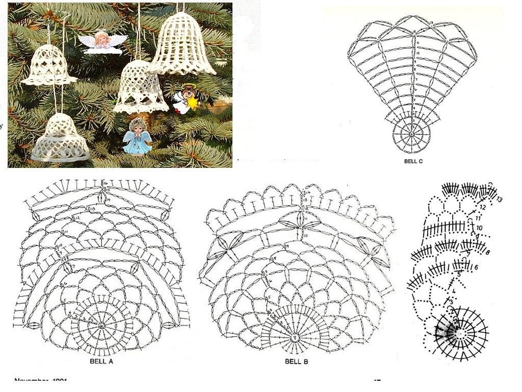 Украшения на елку крючком со схемами и описанием