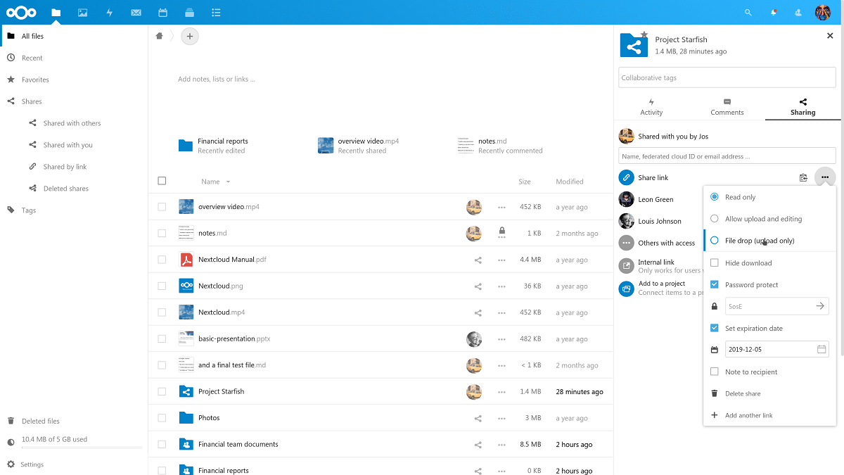 Пользовательский интерфейс NextCloud