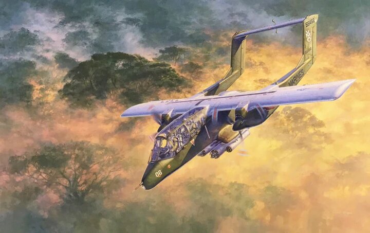 Воздушный разведчик, авианаводчик и штурмовик OV-10A "Бронко" над Вьетнамом (художник Shigeo Koike)