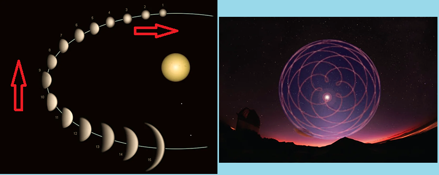 Фазы Венеры - это следствие обратного (по часовой стрелке) вращения Земли вокруг его окружного центра, указанного стрелкой, а не движение самой Венеры. Потому фазы Венеры - это оптический эффект, наблюдаемый с Земли. Номера позиций проставлены в реальности на правой части полу-орбиты. Справа -рисунок движения Венеры по небосводу. Петли - это вращение Венеры по её внутренней орбите, образующей эксцентриситет её гелиоцентрической орбиты. Удаление Венеры от центра рисунка, как от центра солнечно-земной орбиты также из-за обратного вращения Земли вокруг её окружного центра. Солнце, конечно, не находится в центре петли, совершая восход и заход.