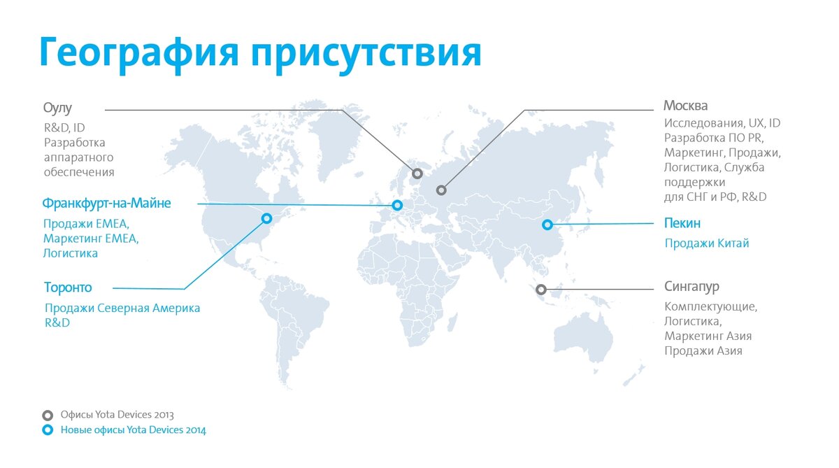 По состоянию на конец 2014 года география деятельности Yota Deivces выглядела вот так