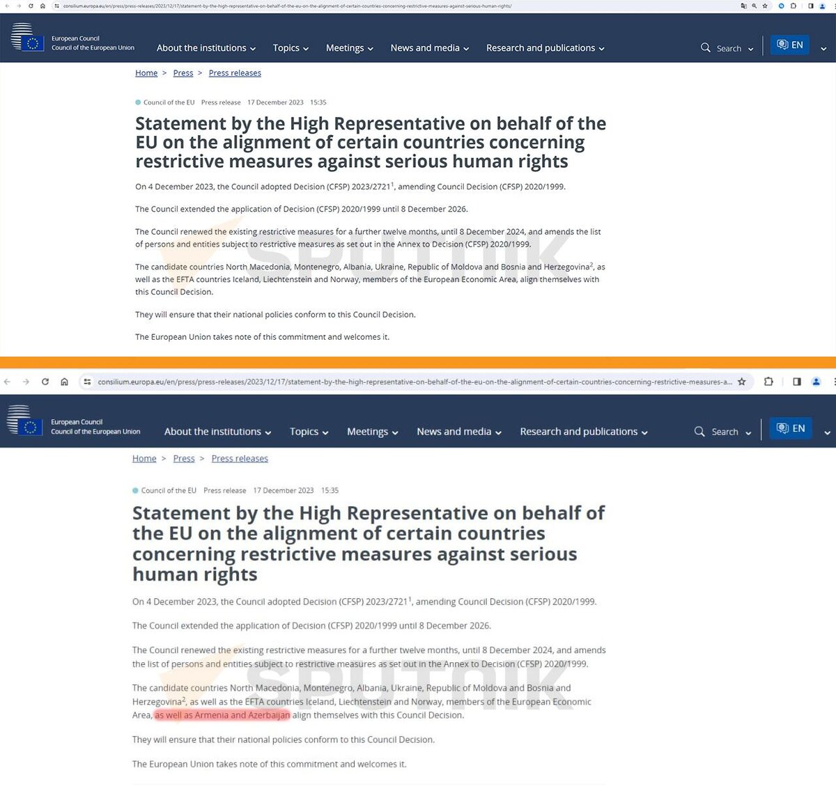 Скриншот обеих публикаций на сайте внешнеполитической службы ЕС