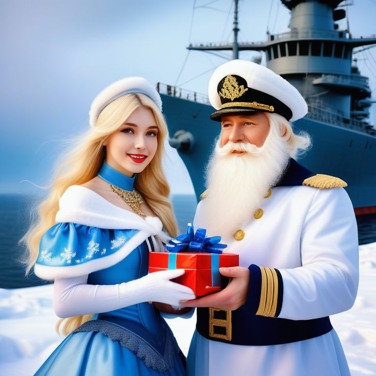 AI Image. Запрос: Дед мороз и Снегурочка - морячка с челкой, русыми длинными волосами, держит подарок, на фоне линкора, военного корабля времен второй мировой, море, новый год, зима, снег