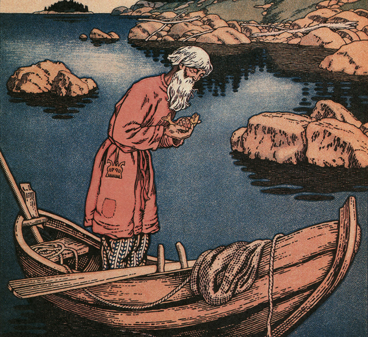Старик со старухой пушкин. Золотая рыбка Пушкин Билибин. Билибин о рыбаке и рыбке.