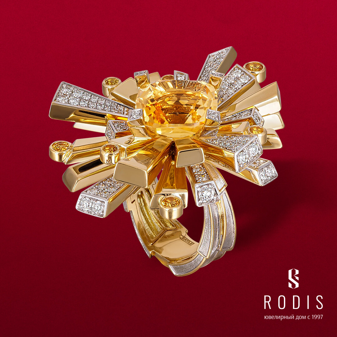 Кольцо "Кристалл", ювелирный дом RODIS, золото 750 пробы, бриллианты, сапфиры, цитрин.