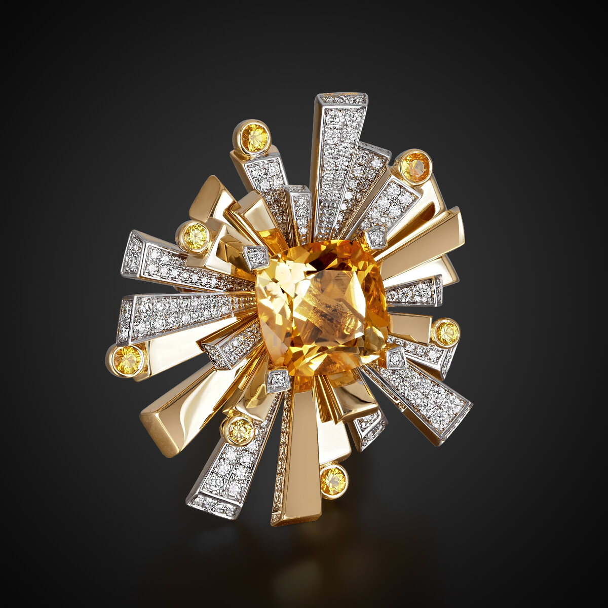 Кольцо "Кристалл", ювелирный дом RODIS, золото 750 пробы, бриллианты, сапфиры, цитрин.