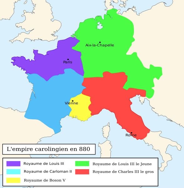 Раздел империи Каролингов по договору 880 года. Владения Людовика III, которому посвящена статья, отмечены тёмно-синим, земли его брата Карломана II — голубым.