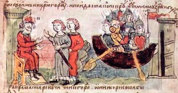 Аскольд и Дир просят Рюрика отпустить их в поход на Царьград. Прибытие в Киев. Миниатюра. Радзивиловская летопись