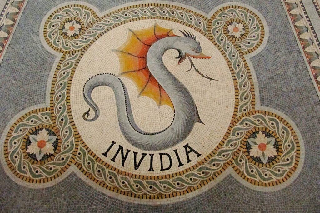  «Зависть». Мозаика, алтарная часть крипты базилики Нотр-Дам-де-Фурвьер, Франция