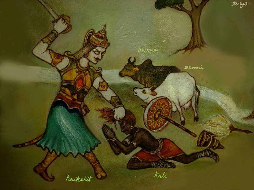 Парикшит собирается убить Кали. Изображение: srimadbhagavatamblog.wordpress.com
