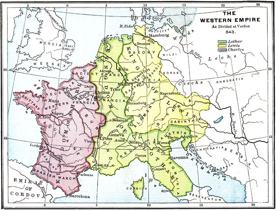Франкская империя договор. Верденский раздел 843 год карта. Верден на карте Франкского государства.