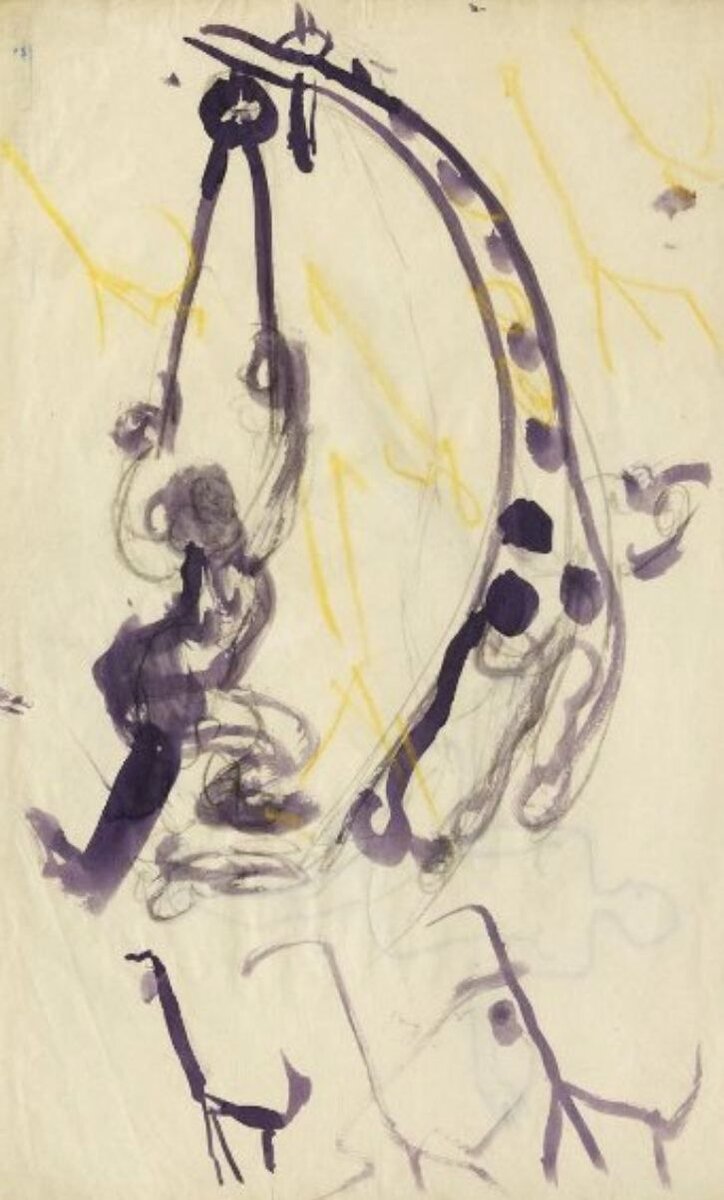 Маяковский В. В. Жираф у зубного врача. 1912-1913. Бумага, карандаш, пастель, чернила фиолетовые. 42,5 х 25,6см.
