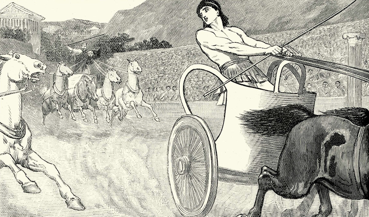    Древнегреческие олимпийские состязания на повозках. Иллюстрация из «Всемирной истории» Касселя, конец XIX в. В 680 году до новой эры гонки на квадригах — колесницах, запряженных четверками лошадей в один ряд, — стали частью программы Олимпийских игр. Это были самые престижные, дорогие и опасные соревнования в Древней Греции.Библиотека Оксфордского университета