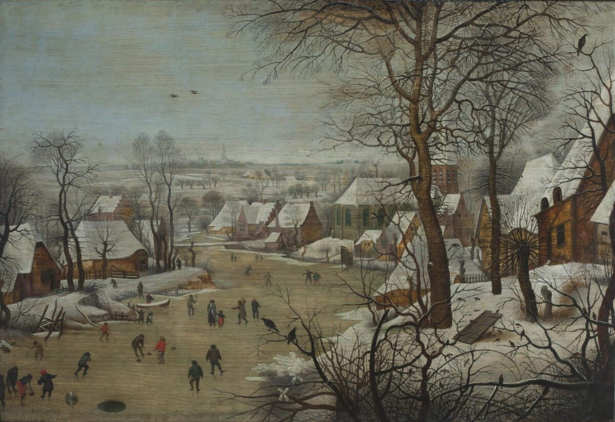 Питер Брейгель Младший. Зимний пейзаж с конькобежцами и ловушкой для птиц. 1615-1620 гг. Дерево, масло. Государственный Эрмитаж.