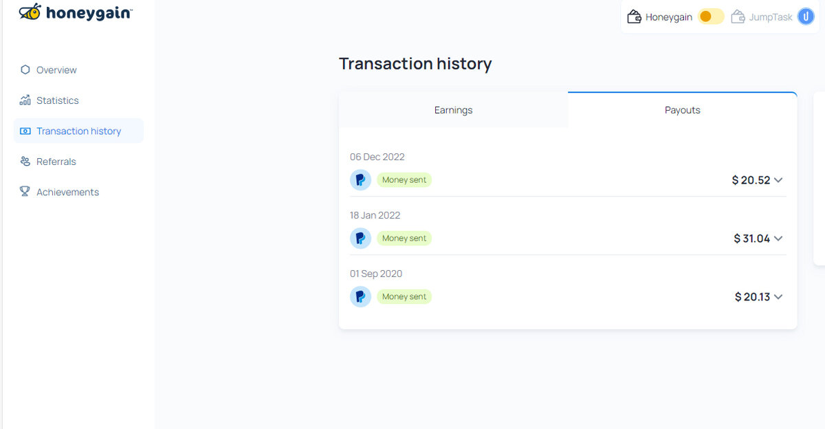 Выплаты  honeygain