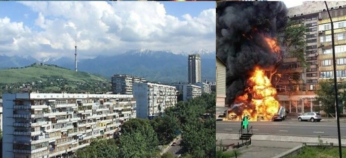 Фото из интернета. Слева: Проспект имени Ленина в Алма-Ате. Справа: Взрыв бензовоза на улице Сейфуллина в Алма-Ате 27 июня 2013 года