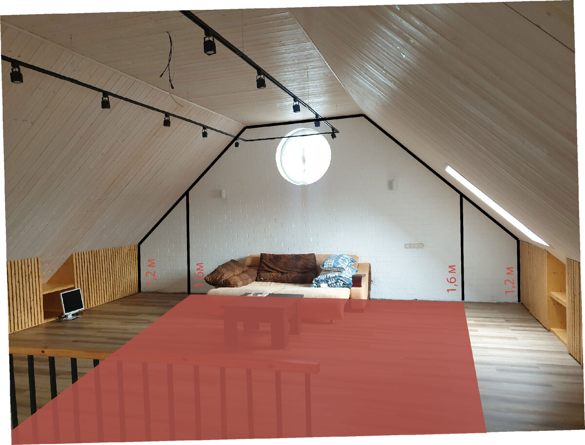 Розовым цветом обозначена площадь помещения мансардного этажа