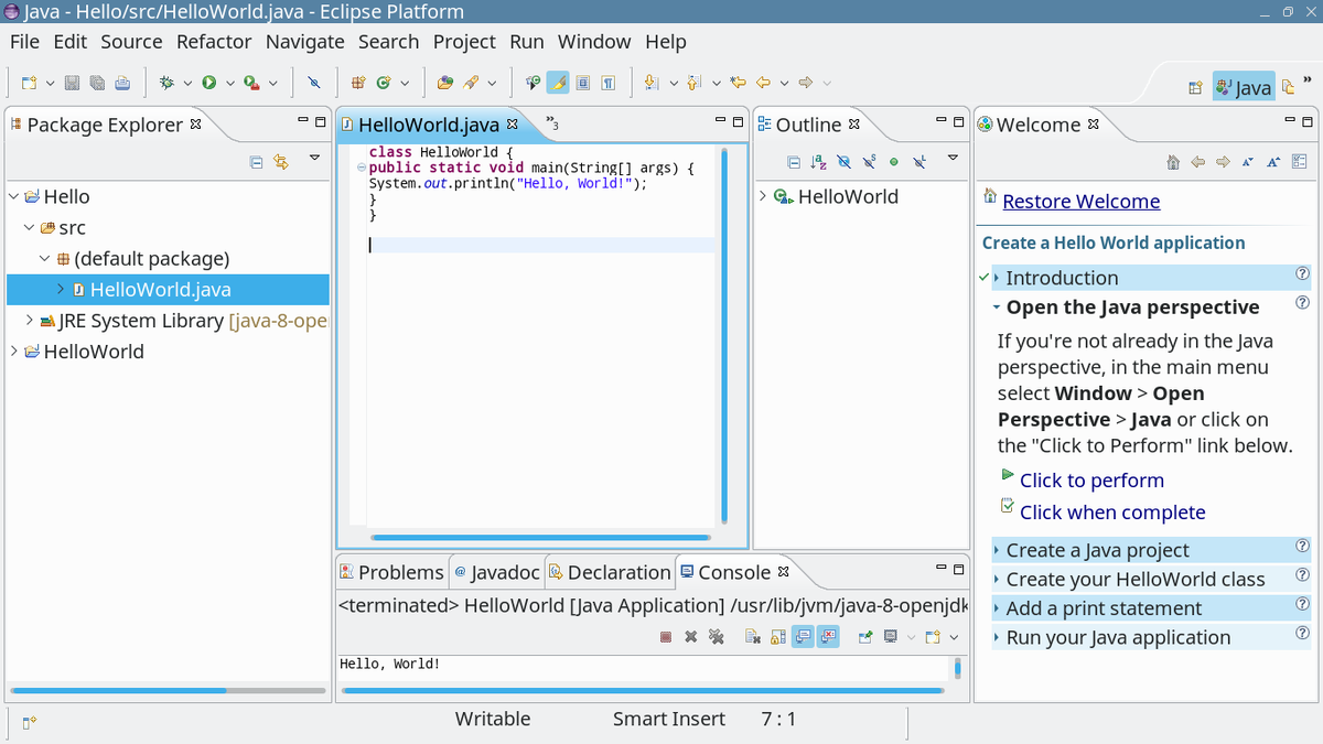 Hello, World!" на языке Java. Давайте создадим простую программу, которая выводит текст "Hello, World!" в консоль.