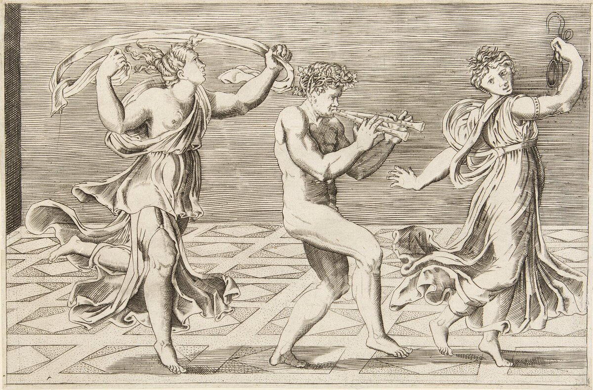 Неизвестный гравер по гравюре. Маркантонио Раймонди. Танец фавнов и вакханок. Лист из издания Speculum Romanae Magnificentiae. После 1553. Гравюра резцом. 175 × 268, фото:In Artibus