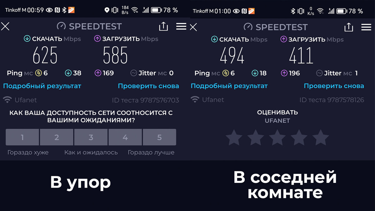 Замер скорости интернета в упор к роутеру и в соседней комнате за кирпичной стеной.