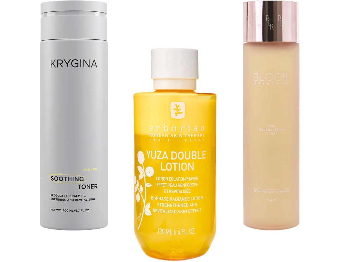     Успокаивающий тоник Soothing Toner, KRYGINA Cosmetics; Лосьон для лица двухфазный Yuza Double Lotion, Erborian; Регенерирующий тоник для лица Skin Regeneration Toner, BLOOR