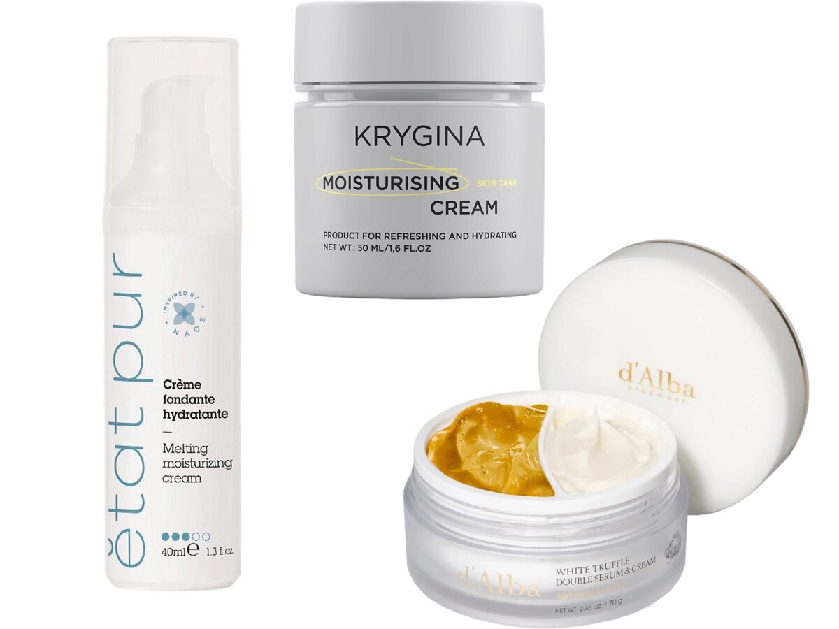     Увлажняющий крем с насыщенной текстурой Melting Moisturuzing Cream, Etat Pur; Увлажняющий крем для лица Moisturising Cream, KRYGINA Cosmetics; Крем для лица White Truffle Double Serum & Cream, d'Alba