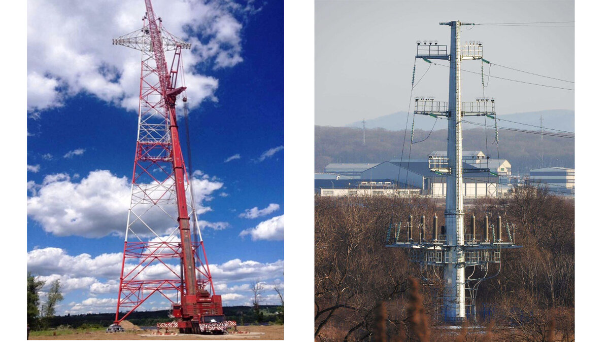 Переходная опора через Волгу в районе Балакова (слева). Многогранная опора для перехода воздушной ЛЭП 220 кВ в кабельную (справа)