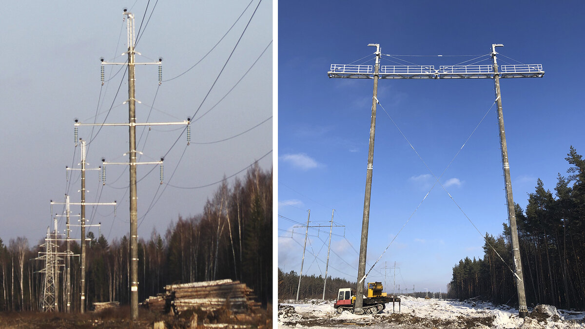 Общий вид ВЛ 110 кВ «Заходы на ПС Ясень (слева). Строительство опоры 2СПБ500-3В на ВЛ 500 кВ Донская АЭС – Старый Оскол-2 (справа)