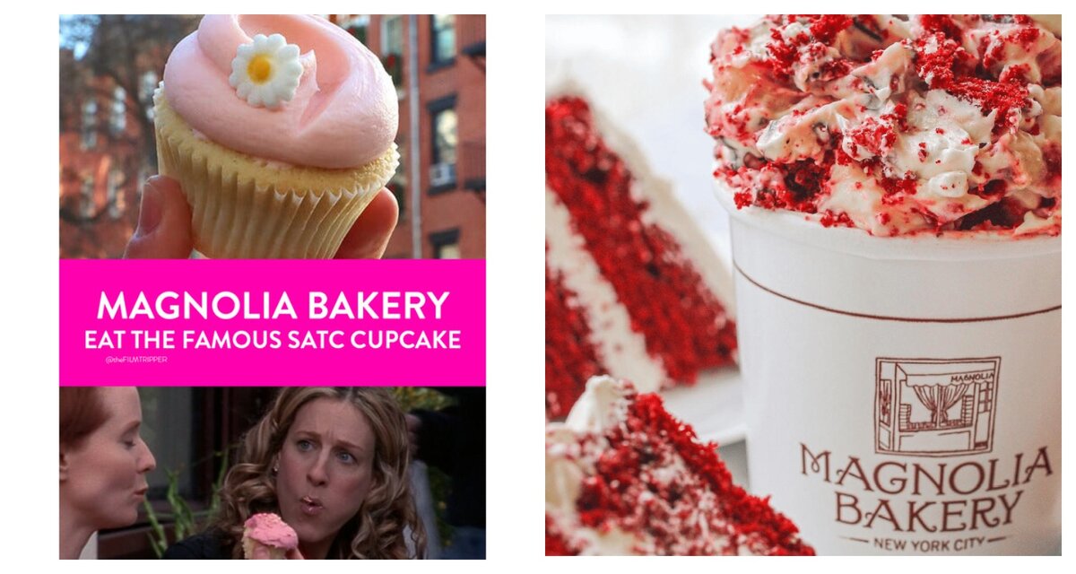 Керри и Миранда едят капкейки в Magnolia Bakery. После этого кондитерская прославилась на весь мир. В тот момент ее фирменной начинкой был Красный бархат.