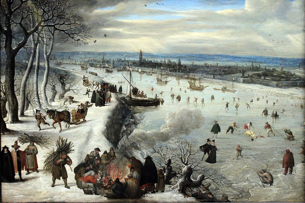 Лукас ван Фалькенборх. Вид на Антверпен с замерзшей Шельдой. 1593. Дерево, масло. Художественный институт Штеделя и муниципальная галерея. Общественное достояние, через Wikimedia Commons