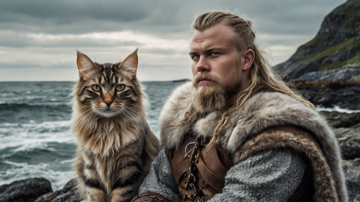 Викинг и норвежская кошка: Верные спутники в море и на суше: викинг и его норвежская лесная кошка готовы к новым приключениям