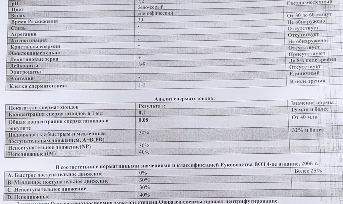 Кусочек из результата спермограммы.Здесь можно увидеть часть референсных значений, связанных с количеством или концентрацией сперматозоидов.